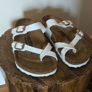 Birkenstock White and rose gold Mayari Birkibuc Sandals EUC size 5 / 5.5 / 36